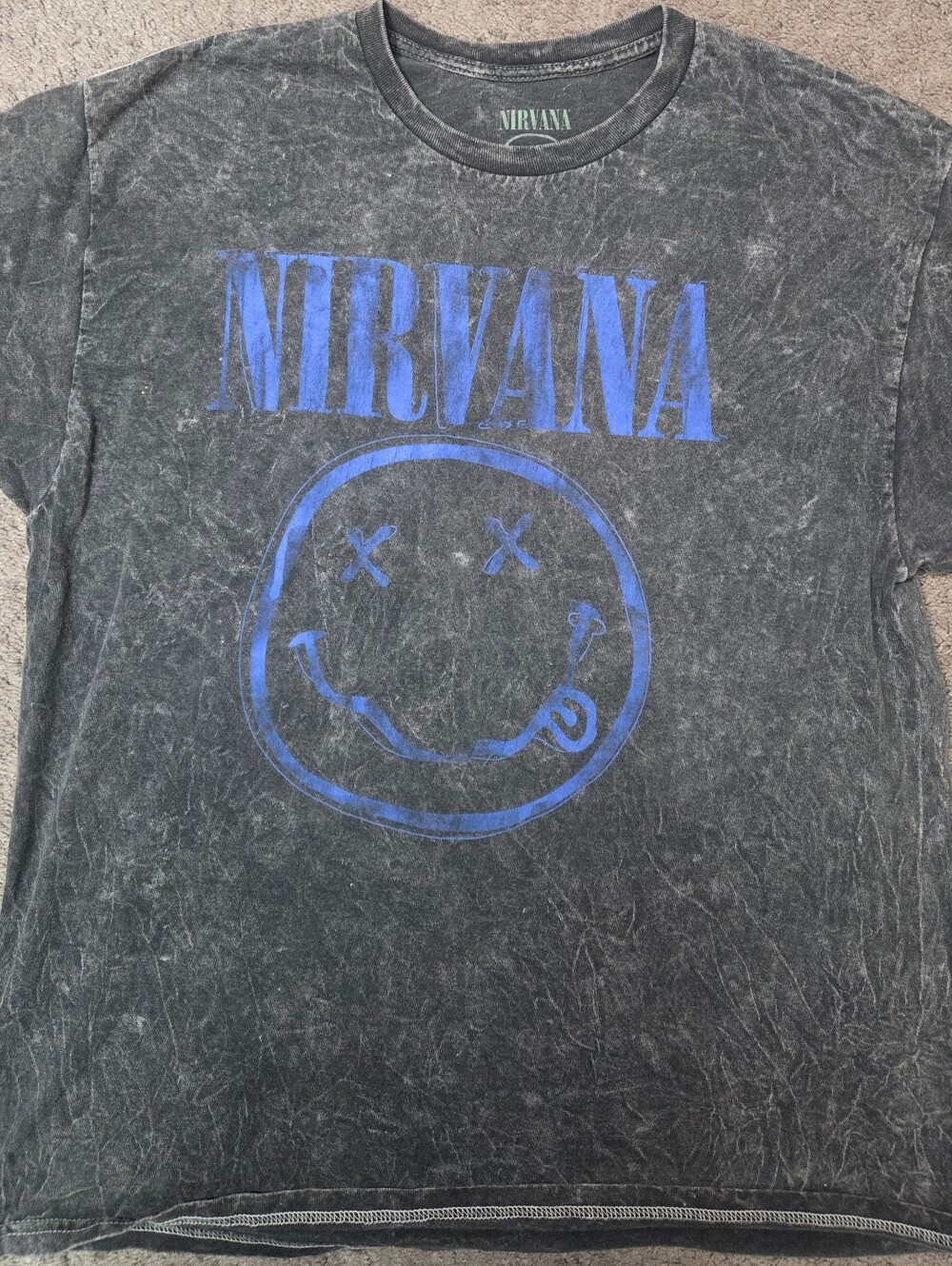 Nirvana Mens Black Vintage-Wash Band Tee with Blue Logo